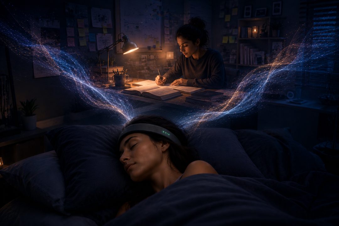 A sleeper learning in a dream while a dreamed self studies at a desk
